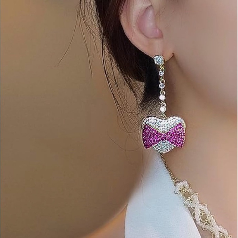 Bow And Heart Rhinestone Dangle Earrings
